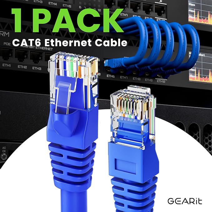 GEARit Cat 6 Ethernet Cable (1-Pack 35 Feet) Cat6 Network Patch, 10Gbps, RJ45, Snagless Cord, Gold-Plated Connectors, Internet for PC, TV, Tablet, Router, Printer, Servers, IT Data Center - Blue