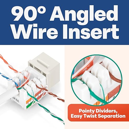 Everest 90° Angled RJ45 Cat6A Keystone Jacks 10-Pack in Light Almond - Slim Profile Female RJ45 Connectors - Cat 6A Keystone Jack - Compatible with 90° Angled Speed Termination Tool - easyJACK