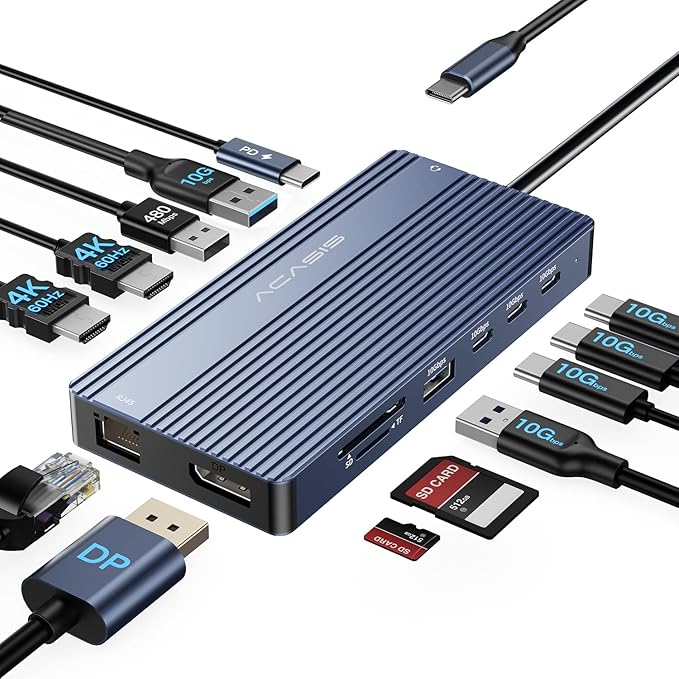 USB C Hub 14-1 USB C Docking Station Dual Monitor, with 2 HDMI+DP(4K60Hz), Ethernet, 3 USBC 10Gbps,100W PD, SD/TF 3.0, Audio, Laptop Docking Station for MacBook/Dell/HP/Lenovo ThinkPad/Surface (Grey)