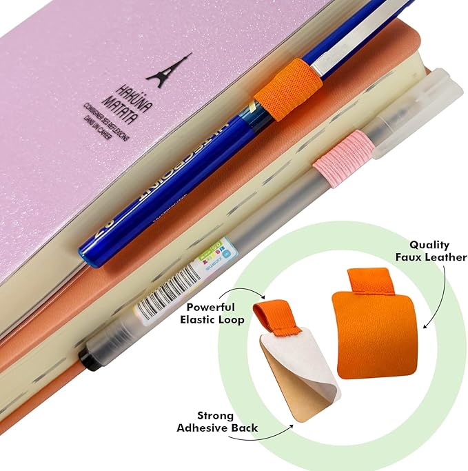 Pen Loop Holder for Notebook 16 Colors Self-Adhesive Stick On Pen Holder with Extra 2 Pens Clips 2 Leather Bookmarks As COMBO for Planner Journal Tablet Clipboards Calendars Bible Campus School Office