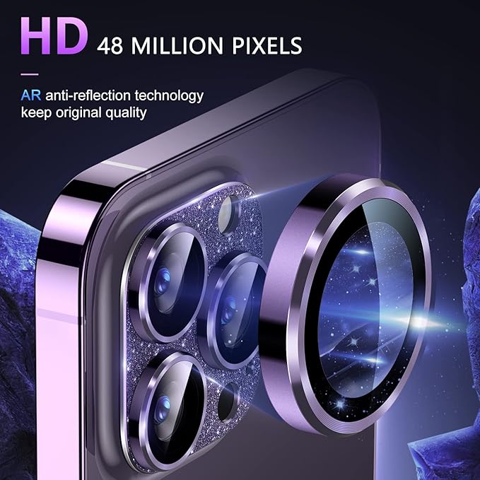 Uyiton for iPhone 14 Pro/iPhone 14 Pro Max Camera Lens Protector, [Drop Protection] 9H Tempered Glass Camera Cover screen Metal Ring Case Friendly Scratch Resistant Easy to Install - Glitter Purple