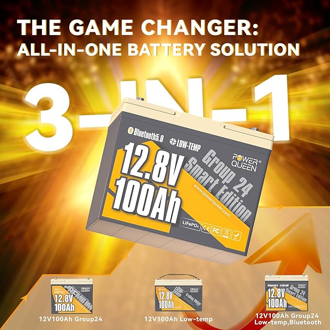 Power Queen Bluetooth 12V 100Ah LiFePO4 Battery, Group 24 Deep Cycle Battery Max. Output Power 1280W, 100A BMS with Low-Temp Cut-off Protection for RV, Trolling Motors, Solar System