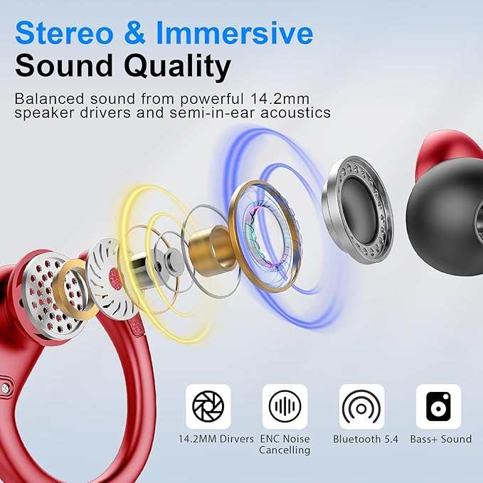 Ltinist Wireless Earbud, Bluetooh 5.4 Headphones Pure Bass Sound with Earhooks, 75H Battery in-Ear Sport Earbud with Dual-LED Display, IP7 Waterproof Earphones Built-in Microphone for Running, Red