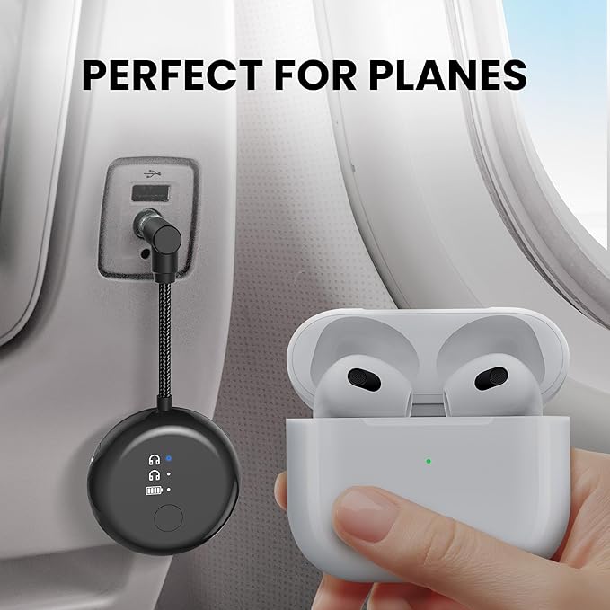 Avantree SoundJet R1 – Airplane Bluetooth Adapter for Headphones & AirPods, aptX Adaptive, Qualcomm Chipset, 20H Battery, Wireless Audio Transmitter for in-Flight Travel Essentials - Black