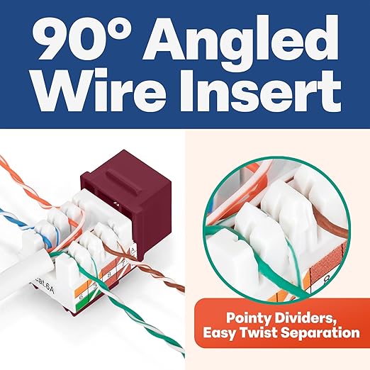 Everest 90° Angled RJ45 Cat6A Keystone Jacks 10-Pack in Red - Slim Profile Female RJ45 Connectors - Cat 6A Keystone Jack - Compatible with 90° Angled Speed Termination Tool - easyJACK (B094WB91H3)