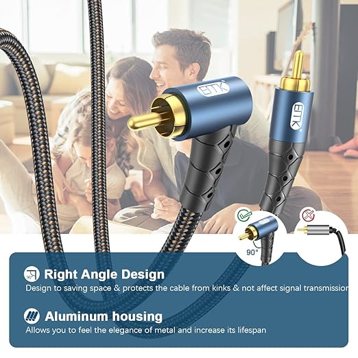 EMK RCA Subwoofer Cable 90 Degree RCA to RCA Audio Cable 24K Gold-Plated Nylon Braided Double Shielded Digital Analogue Supports Amplifiers,Home Theater,Hi-Fi Systems,Subwoofer(15ft/5m)
