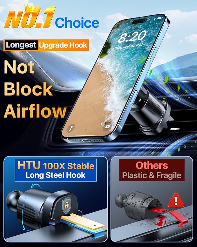 HTU for MagSafe Car Phone Mount Magnetic Phone Holder for Windshield Vent Dashboard Magnetic Suction Phone Mount for iPhone 16/15/14/13/12 & Android (Navy Blue)