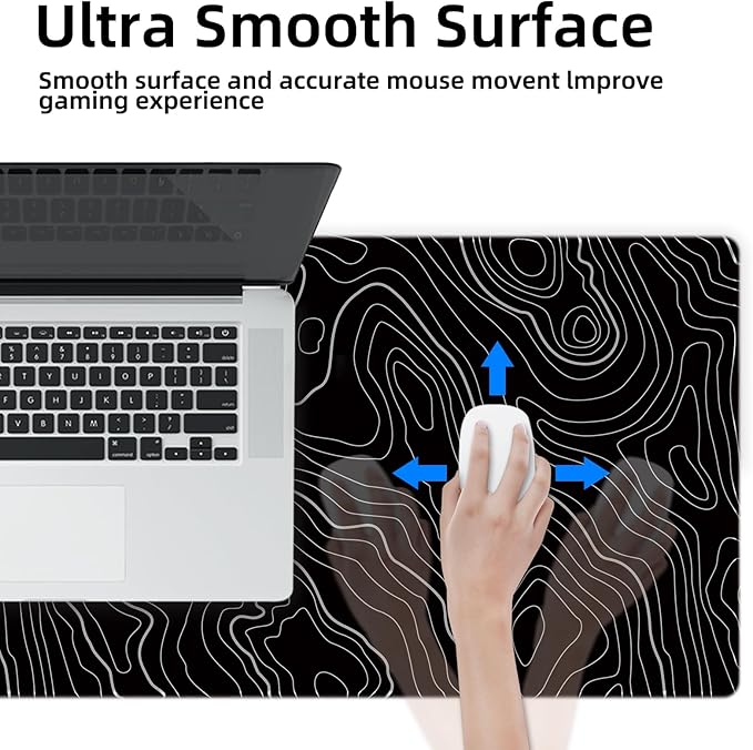 Gaming Mouse Mat Forest Background Pattern XXL XL Large Mouse Mat Long Extended Mouse Pad Desk Mat Non-Slip Rubber Mice Pads Stitched Edges Thin Pad (Topographic Map Balck)