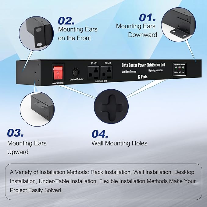 1U PDU Network Servers Surge Protector Power Distribution Unit 12-Outlet, 120V 20A, 3600 Joules 10KA,19″ Rack Mount Power Strip,Heavy-Duty 12AWG 16 ft Cord,w/AC Filter, ETL Listed, by ThePoEstore