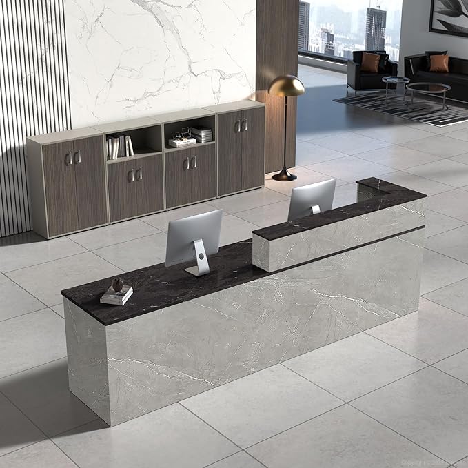 Reception Desk with Counter, Modern Front Desk Reception Counter with Keyboard Tray, Lockable Drawer and Storage Shelves for Office, Retail, Salon (Gray+Black/Left, 79" L*24" W*39" H)