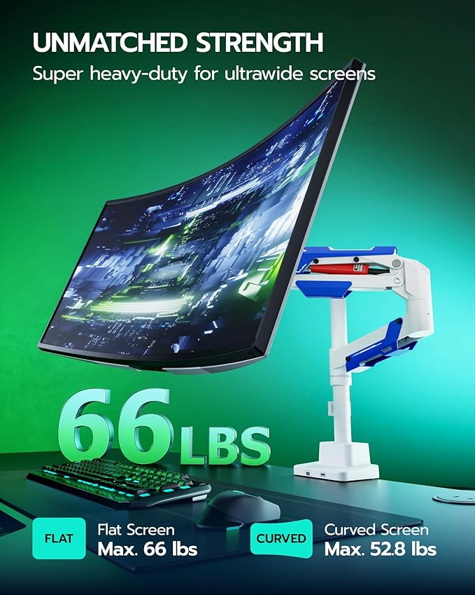 ARES WING Single Monitor Mount with USB, Ultrawide Monitor Arm for 24 to 57 Inch Heavy Duty Curved Screen, Adjustable Gas Spring Monitors Arm Stand up to 66LBS with 75/100/200 Vesa Mount, White