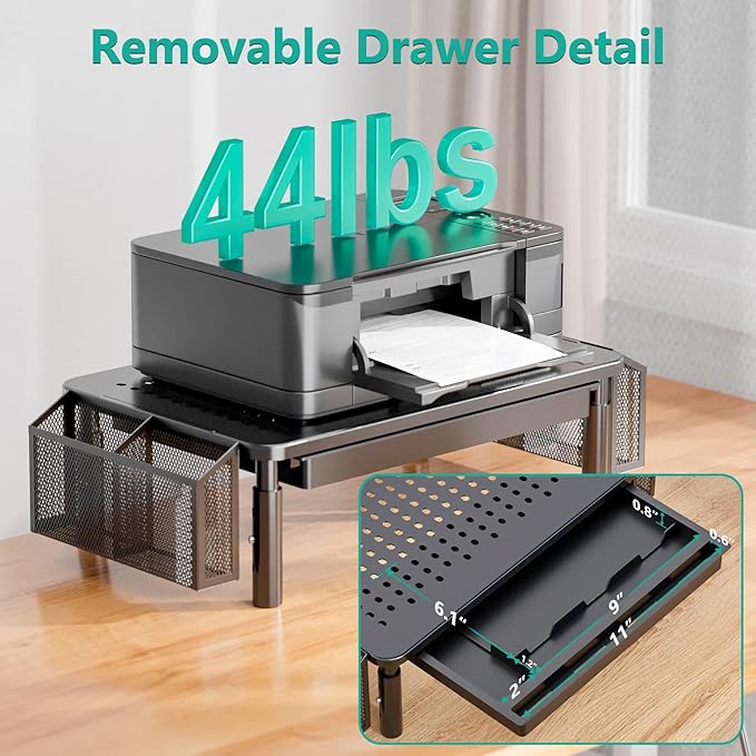 WALI Dual Monitor Stand with Storage, Desk Organizer with Drawer and Pen Holder, Desk Monitor Riser 3 Height Adjustable, Laptop Riser for Computer, Laptop, Printer (STT003DH-2B), 2 Pack, Black