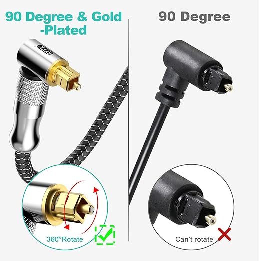 EMK Premium 24K Gold-Plated Right Angle Optical Cable – 90° Toslink to Toslink (3M/10Ft), 360° Rotatable for Soundbars, TVs & Home Theater