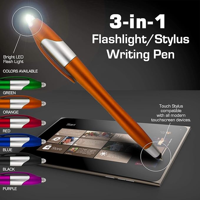 Stylus Pen, 3-1 Multi-Function, Ball Point Black Ink Pen, Capacitive Stylus for Touchscreen Devices, LED Flashlight, Medical Pen Light,for Home,Work,Doctors, and Nurses (12 Pack, Multi-Color)