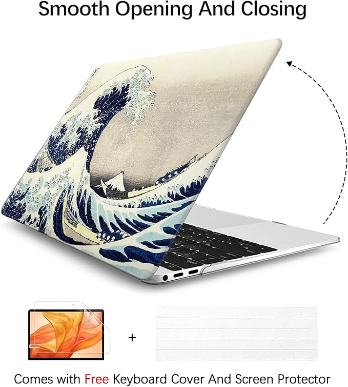 Berkin Arts Compatible with MacBook Air 13 inch Cover, 2022-2018 Release A1932 with Touch ID with Keyboard Cover & Screen Protector Ukiyo-e (The Great Wave by Hokusai)