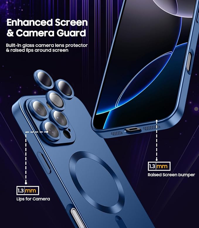 Magnetic for iPhone 16 Pro Max Case [Compatible with MagSafe][Built-in Camera Lens Protector] Slim Soft Silicone Bumper Shockproof Metallic Luster Phone Case (Blue)