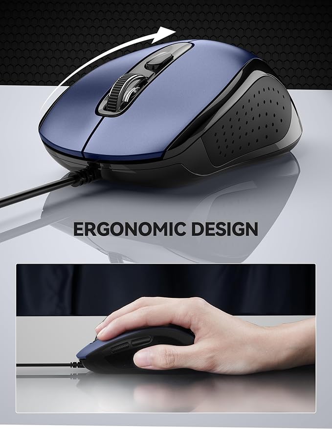 TECKNET USB Wired Mouse, 3600DPI Corded Computer Mouse with 4 Adjustable Levels, 6-Button 5FT Cord Ergonomic Mice, Home and Office Mouse for Laptop PC Desktop Notebook - Blue