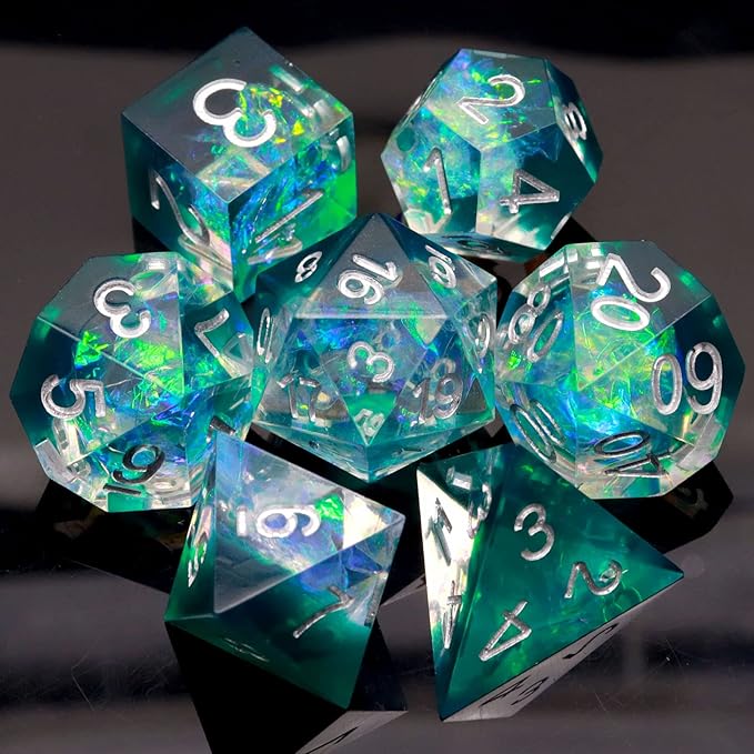 Haxtec DND Dice Set Sharp Edge Resin Dice Iridecent Inclusion with Dice Case Green D&D Dice for RPG Role Playing Games Compatible with Dungeons and Dragons Gift Galaxy Series