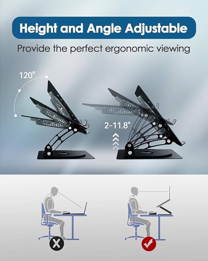 SHUWEI Laptop Cooling Stand with 3 Speed Fan, Adjustable Height & Angle, 360 Rotation Base, Carbon Steel Framework, Ultra-Quiet & Super Sturdy for up to 16”Laptop - Silver