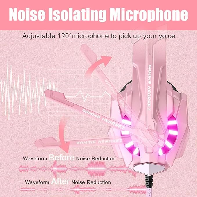 BENGOO G9000 Professional Gaming Headset for PS4, PC, Xbox One Controller, Noise Cancelling Over Ear Headphones with Mic, LED Light, Bass Surround, Soft Memory Earmuffs for Laptop Nintendo - Pink