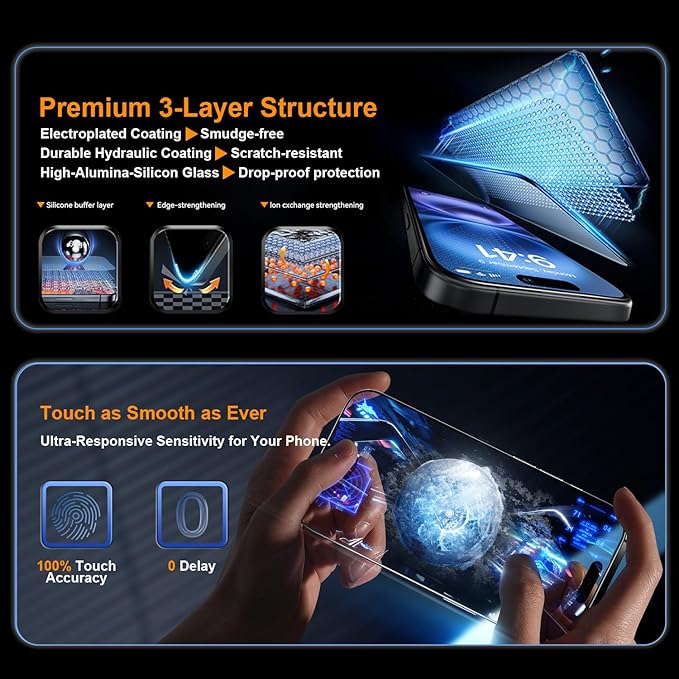 OneFish Screen Protector Privacy for iphone 16, Airbag Edge Protection, Anti Spy Private Tempered Glass Film with Installation Frame, 9H Scratch Resistant, Easy Installation, 2Pack.