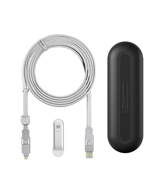 Rolling Square inCharge XL 6-in-1 Multi Charging Cable, Portable USB and USB-C Cable with 100W Ultra-Fast Charging Power, 10 Ft/3m, Glacier White