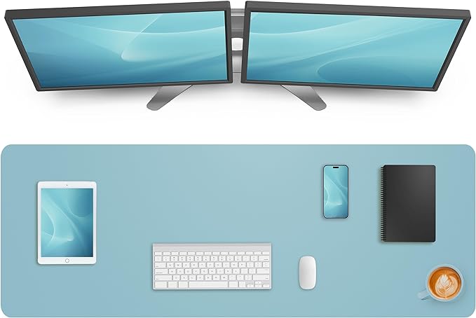 Leather Desk Pad Protector,Mouse Pad,Office Desk Mat, Non-Slip PU Leather Desk Blotter,Large Desk mat,Waterproof Keyboard mat for Office/Home/Decor (Light Blue,55" x 17")