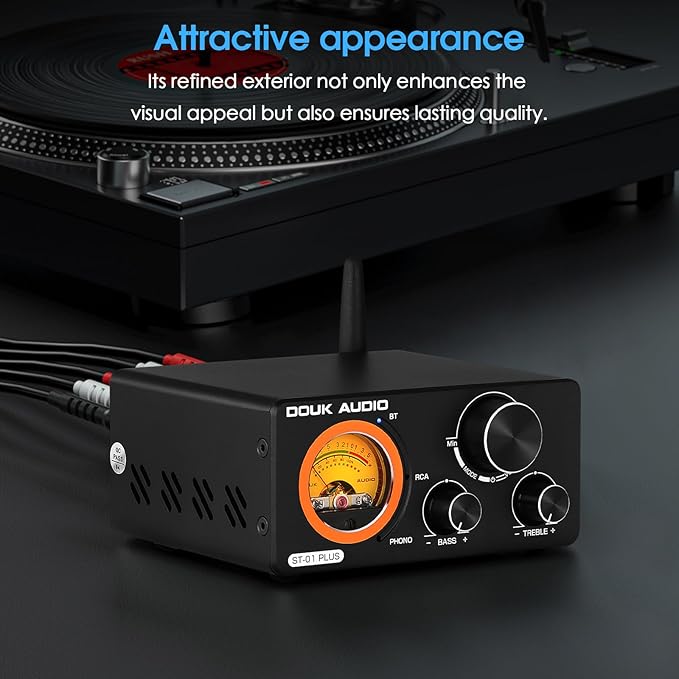 Douk Audio 2 Channel TPA3255 Bluetooth Amplifier 300W x2, Turntable Phono Amp with VU Meter, Treble Bass Control for MM Record Players, Home Theater Speakers (ST-01 Plus)