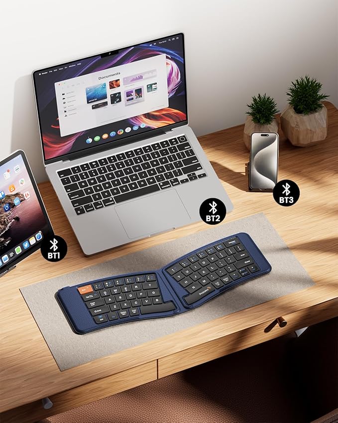 ProtoArc Ergonomic Foldable Keyboard, XK03 Split Folding Travel Bluetooth Keyboard, Ultra Slim, Portable for iPad, iPhone, Tablet, Laptop, PC - Dark Blue