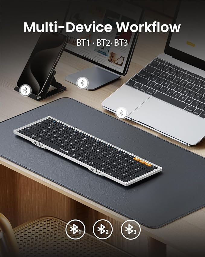 ProtoArc Foldable Bluetooth Keyboard, XK01 Folding Wireless Portable Keyboard with Numeric Keypad, Full-Size Travel Keyboards for iPad Tablet Smartphone Laptop PC Windows iOS Android, Black Silver