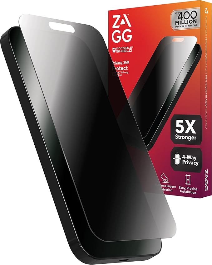 ZAGG InvisibleShield Glass Elite Privacy iPhone 15 Screen Protector - 5X Stronger with Reinforced Edges, 2-Way Privacy Filter, Scratch & Smudge-Resistant Surface, Easy to Install