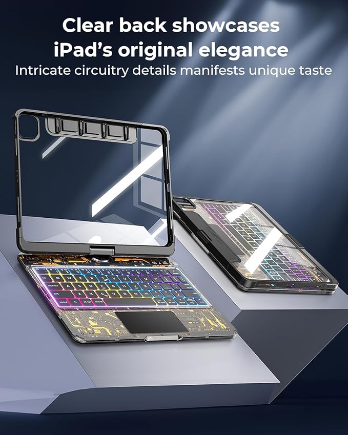 SIBEITU Keyboard Case for iPad Pro 13 Inch M5 2025 / M4 2024, Clear Wireless Protective Cover with Multi-Touch Trackpad, 7-Color Backlight & 3-Brightness, 360 Rotatable, Visible PCB Tech Design, Black