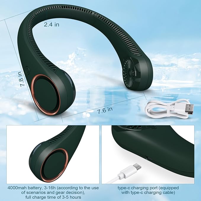 CIVPOWER Neck Fan: Portable Personal Neck Cooling Rechargeable Bladeless Fan - Hands Free 3 Speed 4000 mAh Battery USB Operated Wearable Headphone Design - for Men Women Outdoor Indoor (Dark Green)