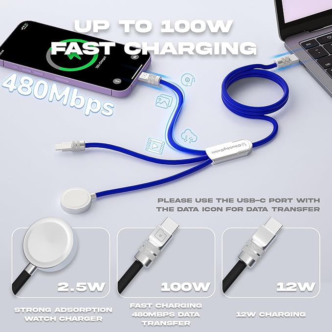 chubbycable Tri-Flex 3 in 1 USB C Cable for Apple Watch Charger Silicone 100W Multi Charging Cable Fast Charge Compatible with iPhone 16/15 Series iWatch iPad Airpods MacBook, 4.1FT, Green