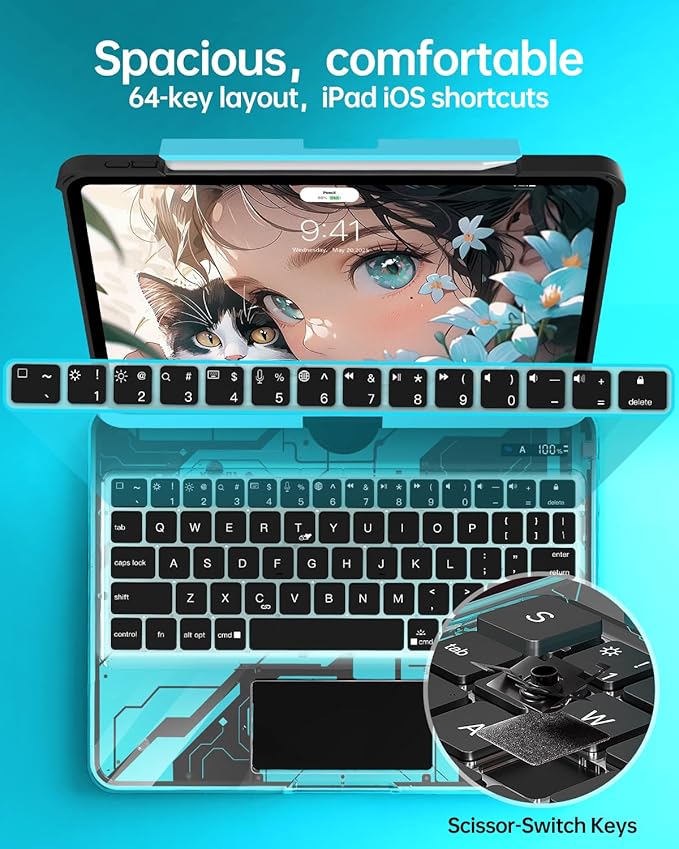 Intermerge for iPad 9th 10.2 inch Keyboard Case, 360° Transparent Multi-Touch Trackpad, 7-Color Backlit Keyboard, Pencil Holder, Type-C, Power Indicator for 9th/ 8th/ 7th - Nebula Core X