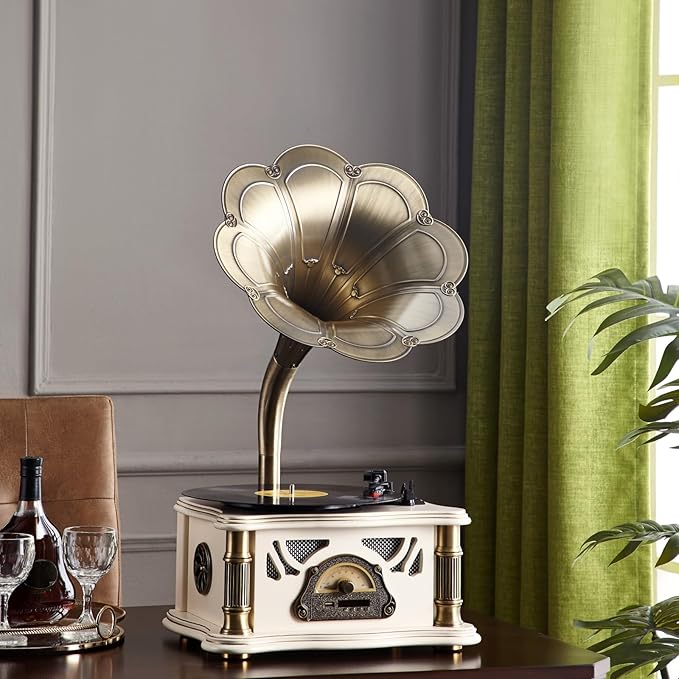 Vintage Gramophone with Bluetooth Output Vintage Record Players Retro Gramophone Turntables for 7" 9" 12" Vinyl Records 3 Speed, Hi-Fi, Handcrafted by Pure Oak(White Gold)