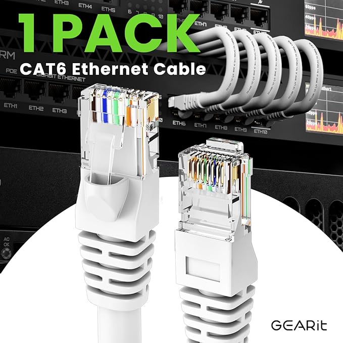GEARit Cat 6 Ethernet Cable (1-Pack 3 Feet) Cat6 Network Patch, 10Gbps, RJ45, Snagless Cord, Gold-Plated Connectors, Internet for PC, TV, Tablet, Router, Printer, Servers, IT Data Center - White