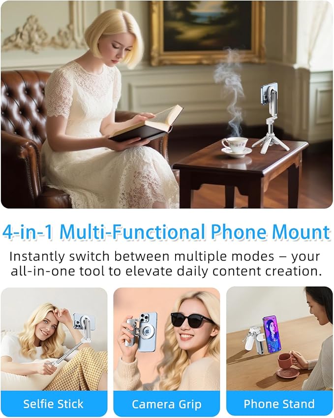 CloudValley Magnetic 4-in-1 Multifunctional Selfie Stick Tripod, Mini Portable Pocket Phone Stand with Detachable Remote, Compatible with MagSafe, for iPhone/Android, Travel Vlog, Live Stream, White