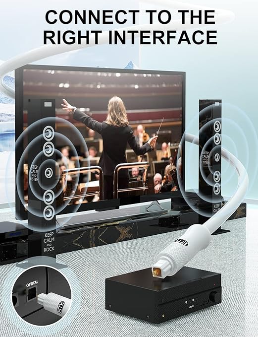 EMK White Optical Audio Cable [1.5ft/0.5M] - Digital SPDIF Toslink Fiber Optic Cable for Sound Bar, TV, Home Theater, Blu-ray Player - White, High-Speed, Low-Loss, Gold-Plated Connectors