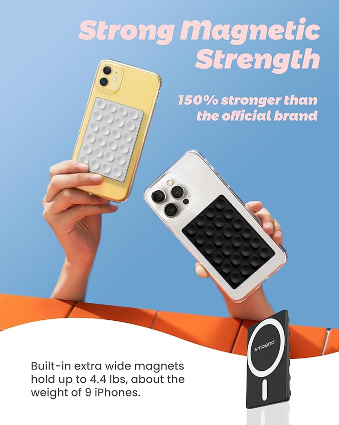 amBand Magnetic Sticky Phone Suction Grip for MagSafe, Removable for Wireless Charging, Durable Magnet Silicone Portable Mount Stand for iPhone 12/13/14/15/16 Series, Hands-Free Video/Selfie, Black