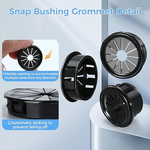 25 Pcs Cable Grommet, Snap Bushing 3/4" (19 mm) Mounting Diameter, Flexible Petal-Shaped Buckle Round Nylon Desk Grommet for Wires Through Countertop Cord Organizer and Protection, Black
