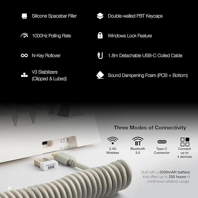 TECWARE Phantom+ Elite 87 Key RGB Mechanical Gaming Keyboard, LED Backlit, Universal Hot-Swap, Wired and Wireless, 3 Mode Connectivity, Thocky Sounding, White Elite Wraith Red