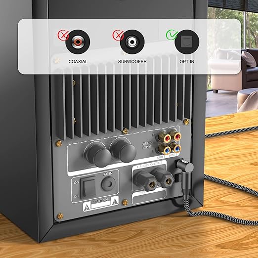 EMK 90 Degree Right Angle Optical Audio Cable [22ft/7M] - 360° Rotatable Digital Toslink SPDIF Cable for Soundbar to TV, Home Theater - Black Fiber Optic Cable with Angled Connector