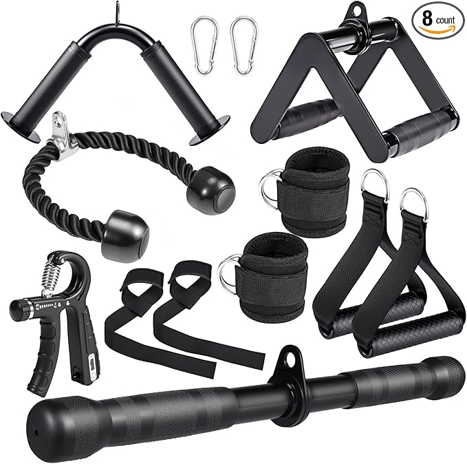 10-in-1 Cable Machine Attachments Set for Gym - Includes Tricep Rope, V-Bar, Straight Bar, D-Handle, Ankle/Wrist Straps, Storage Bag - Compatible with LAT Pulldown & Home Gym Cable Machines