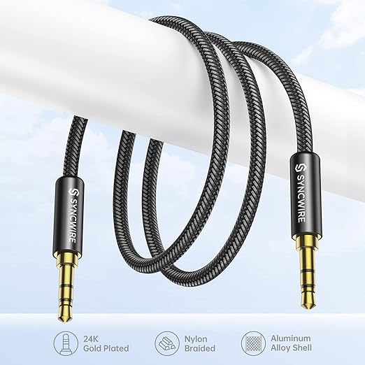 Syncwire 3.5mm Nylon Braided Aux Cable (3.3ft/1m,Hi-Fi Sound), Audio Auxiliary Input Adapter Male to Male Cord for Headphones, Car, Home Stereos, Speaker, iPhone, iPad, iPod, Echo & More – Black