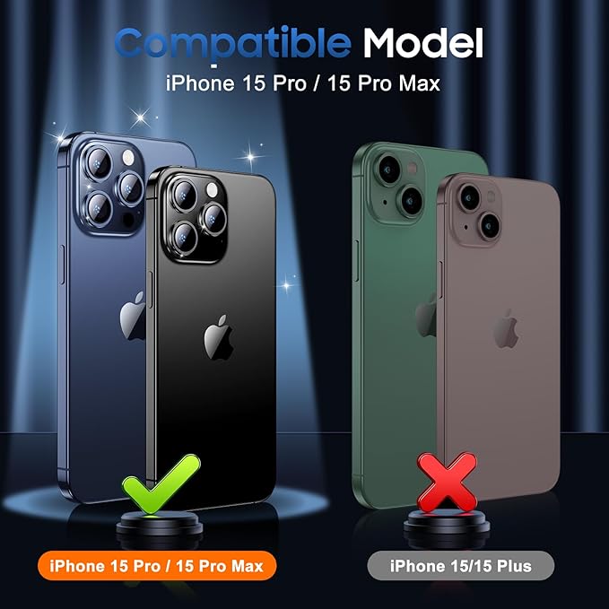 UniqueMe for 3 Pack iPhone 15 Pro/iPhone 15 Pro Max Camera Lens Protector, [Drop Protection] [Case Friendly] 9H Tempered Glass Camera Cover Screen [Update New Version] - Glitter Black
