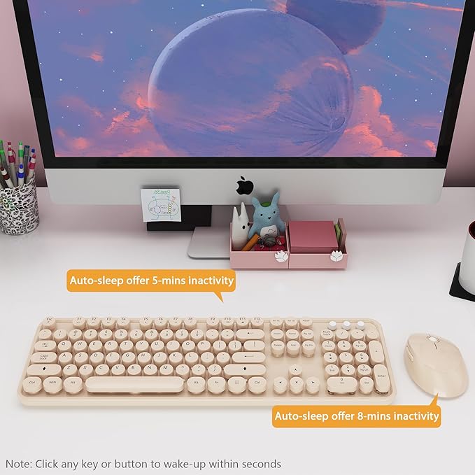 Wireless Keyboard and Mouse Combo, Cute Colorful 104 Keys Typewriter Retro Round Keycaps Keyboard for PC Laptop,Desktop,Windows, Home and Office Keyboards Coffee