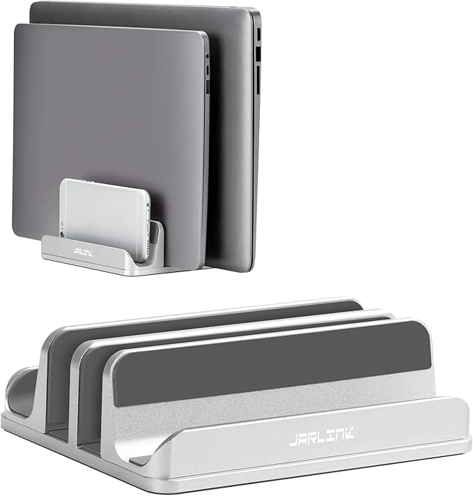 JARLINK 4-in-1 Adjustable Vertical Laptop Stand Holder, Aluminum Dual Slots Laptop Rack for Desk, Space-Saving Organizer Compatible with All MacBook, Surface, Chromebook, and Gaming Laptops (Silver)
