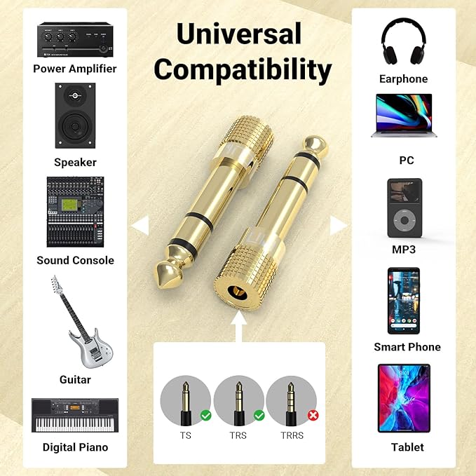 Cubilux 6.35mm to 3.5mm Audio Adapter, Gold Plated 1/4" Male to 1/8" Female TRS Stereo AUX Connector Converter for Guitar Keyboard Digital Piano Studio Monitor Amplifier Mixer Splitter, 3-Pack
