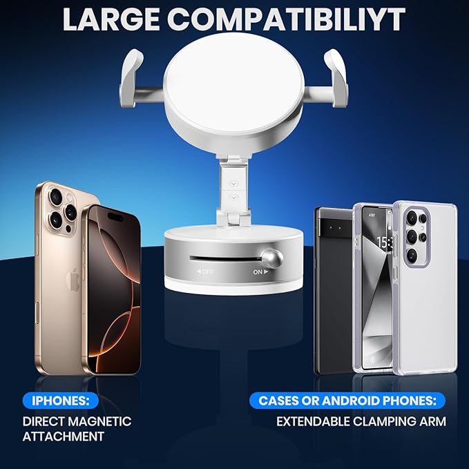 Upgraded 360° Adjustable Vacuum Magnetic Phone Holder, Vacuum Magnetic Suction Phone Mount with Clamp Foldable Phone Holder for Car/Gym/Mirror/Smooth Surface, Suitable with All Smartphones (White)